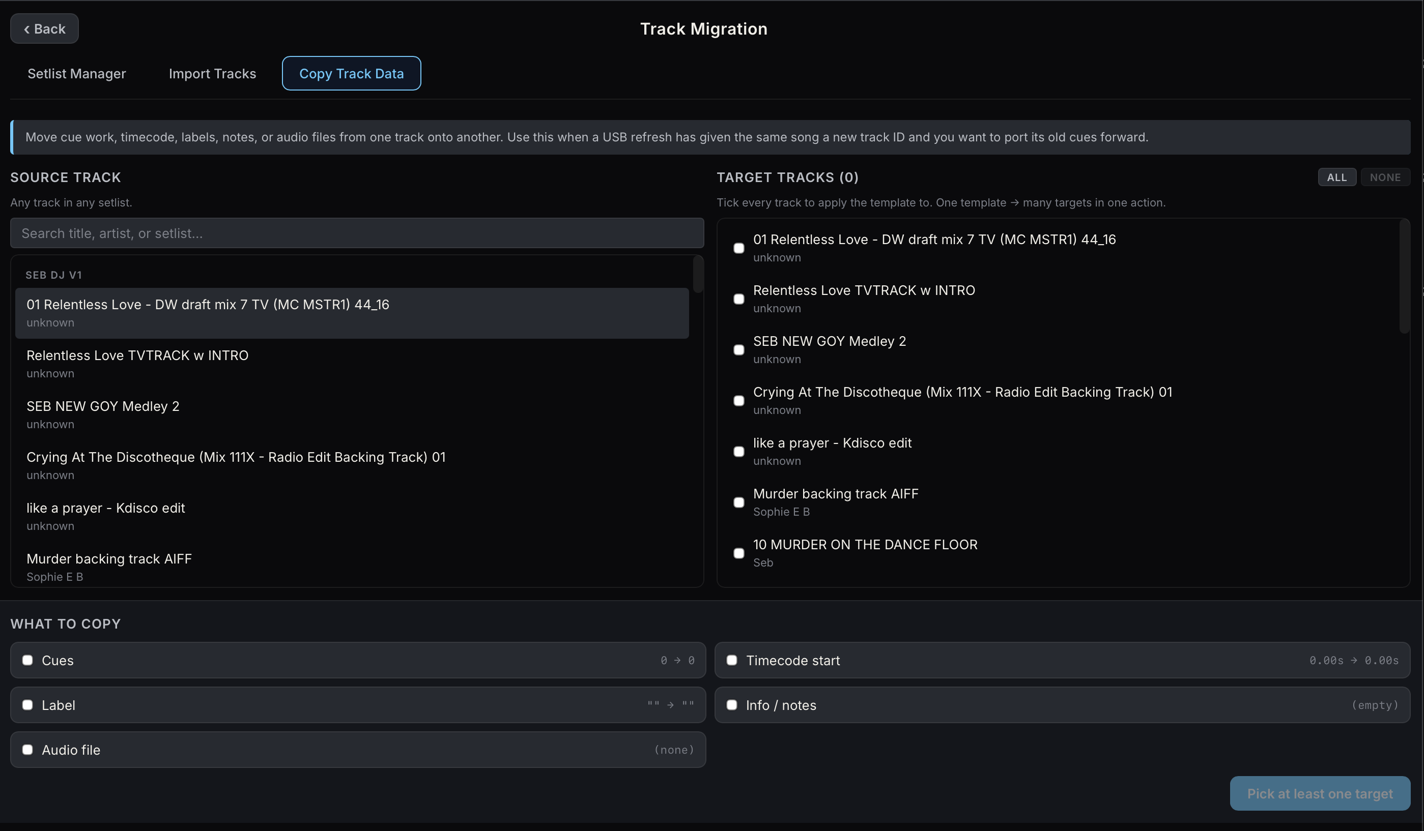 Copy Track Data — source picked on the left, targets on the right