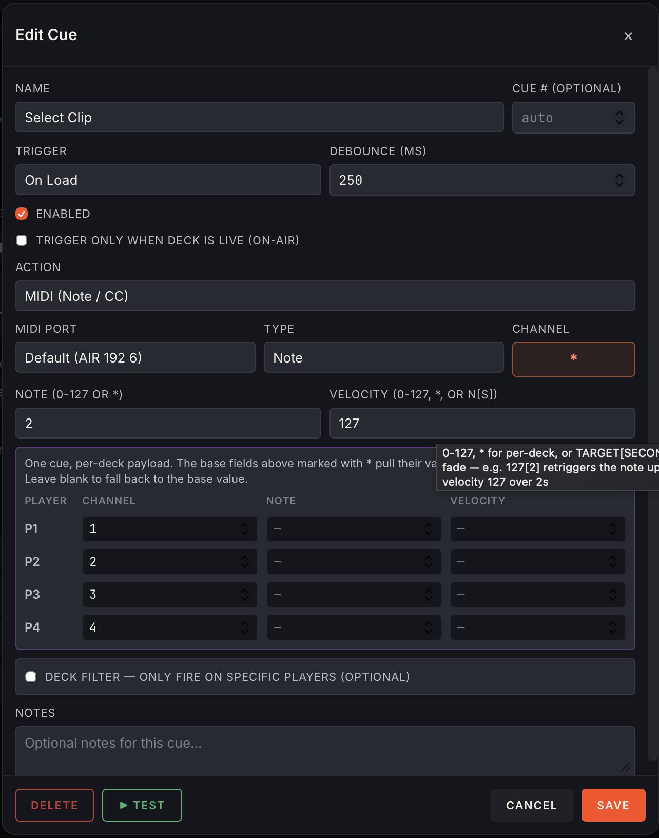 Cue editor — MIDI note with per-deck channel overrides