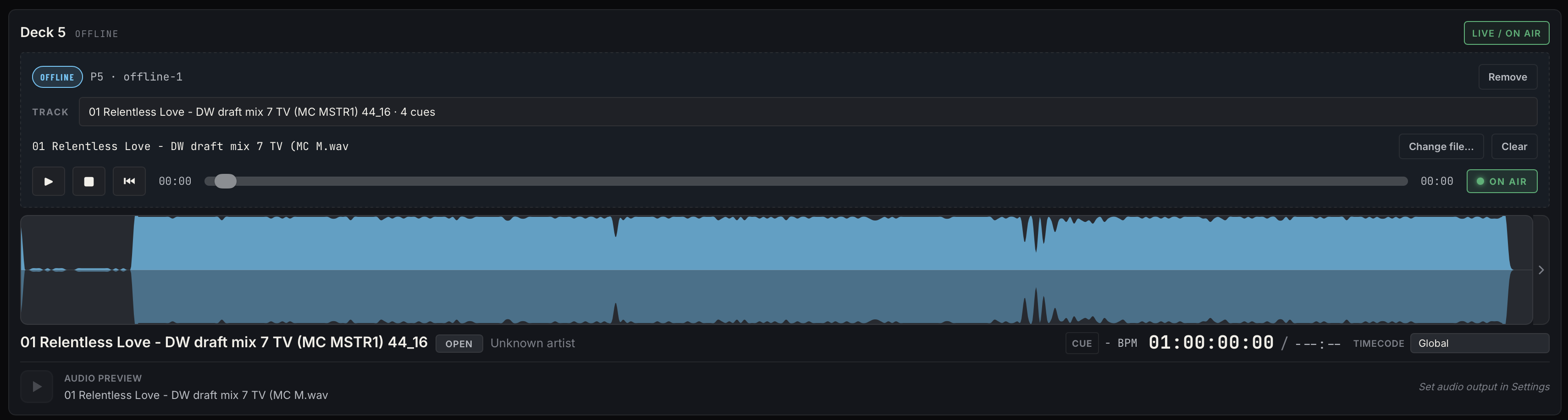 A deck card — on-air, track loaded