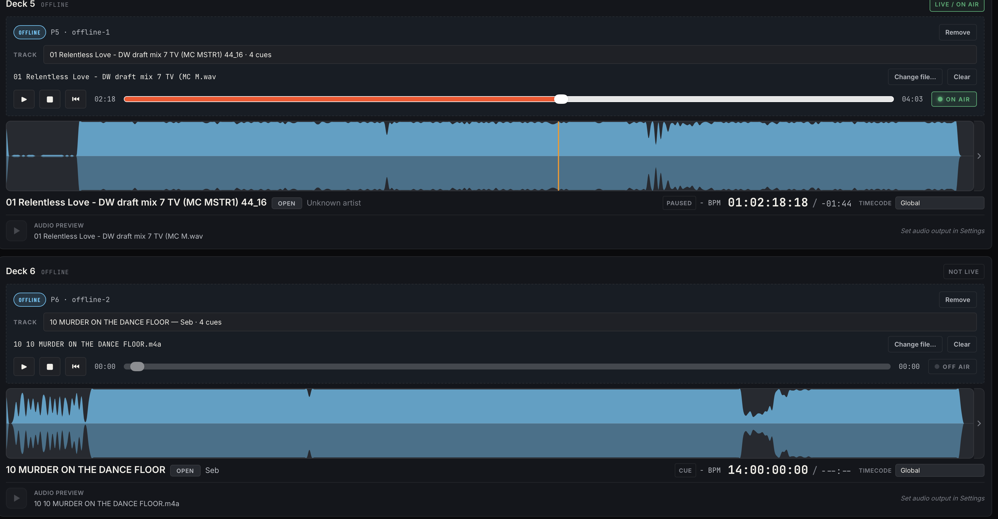 Decks page — deck cards with waveforms, one on-air