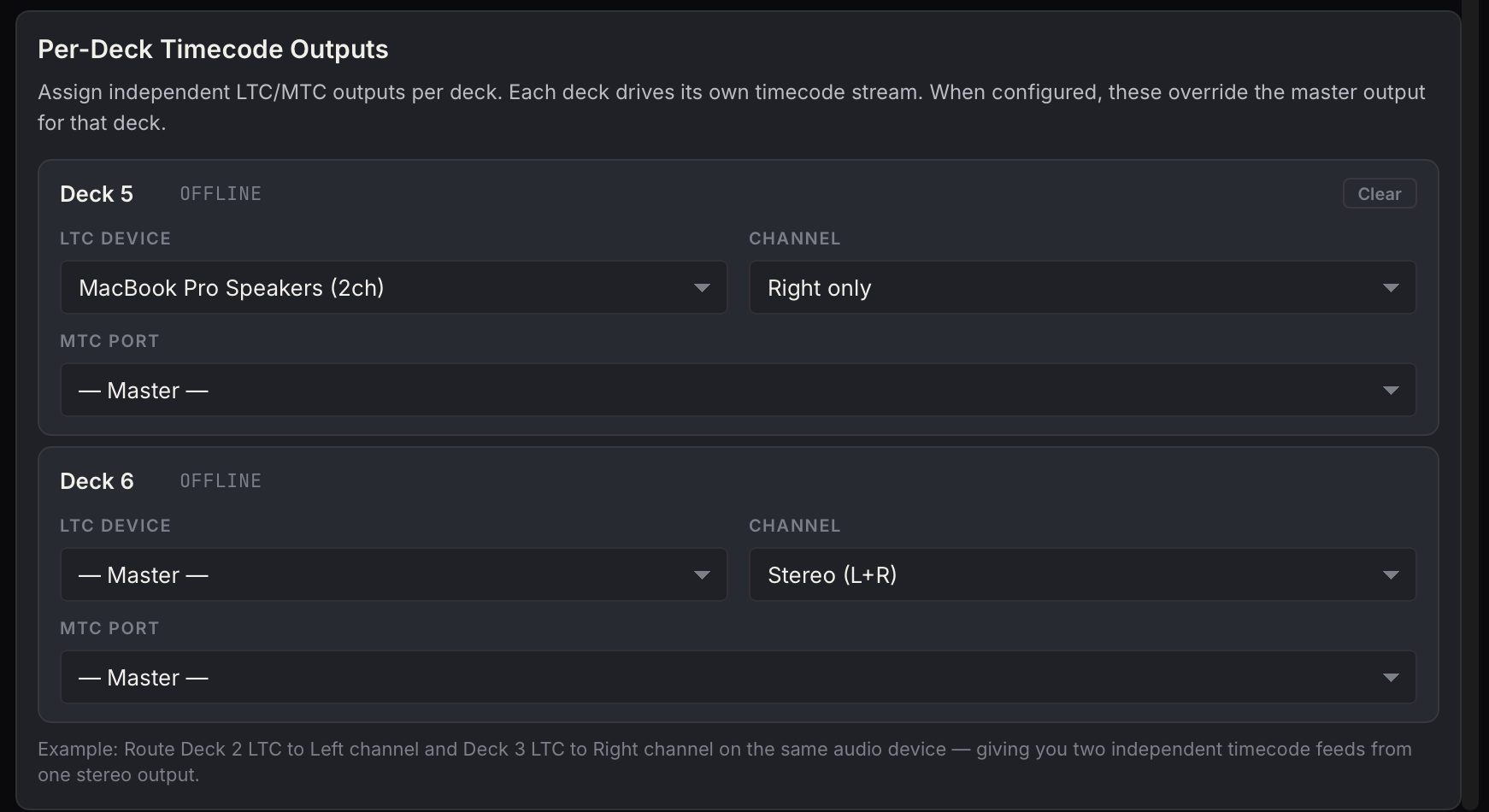 Per-deck timecode outputs