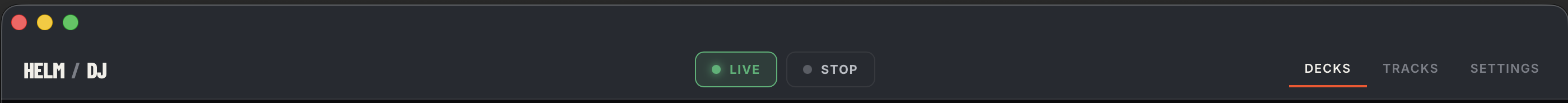 Top bar — brand, LIVE/STOP, page tabs