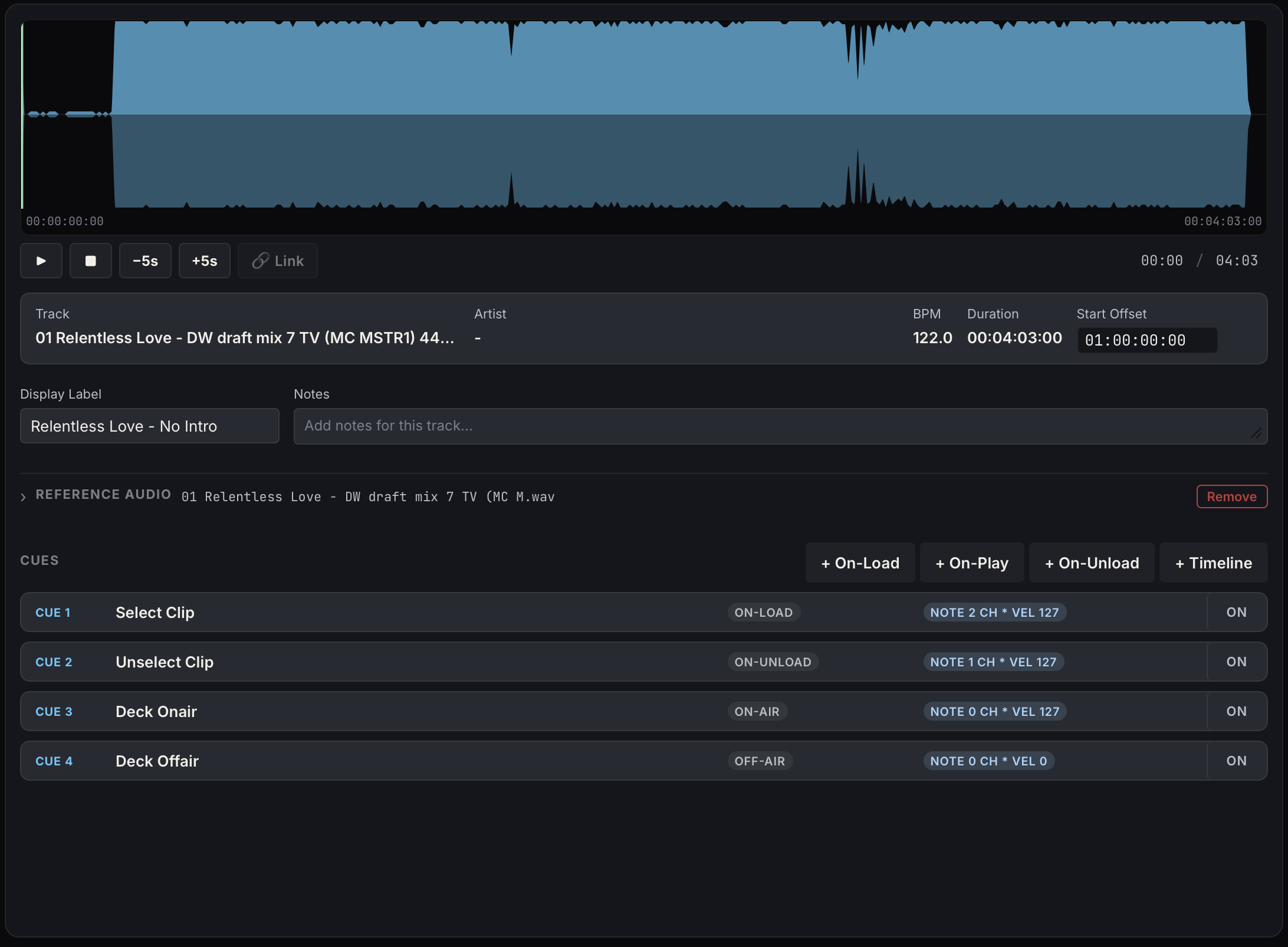 A programmed track — start offset, reference audio, and four cues
