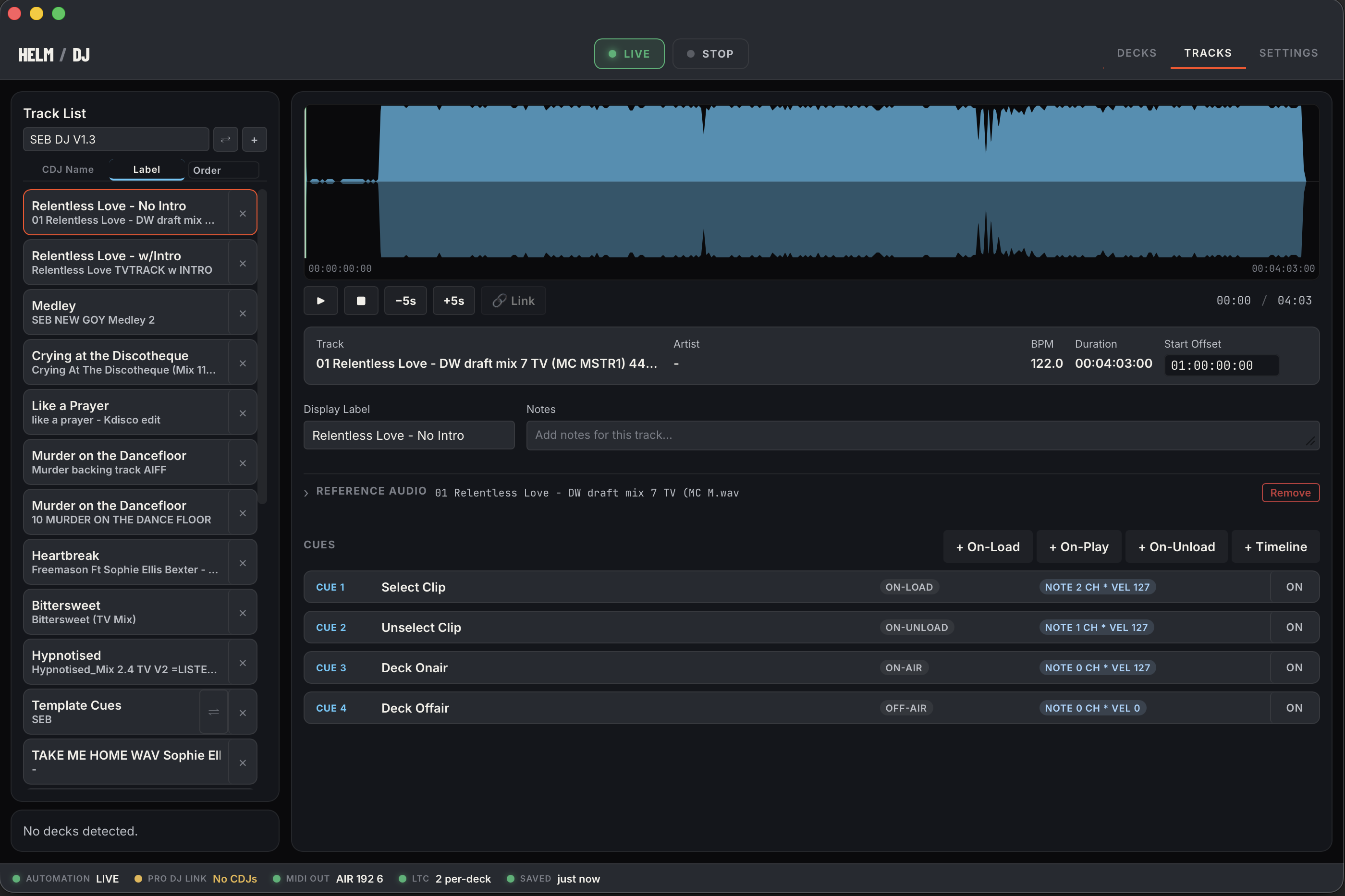 Tracks page — setlist sidebar and track detail